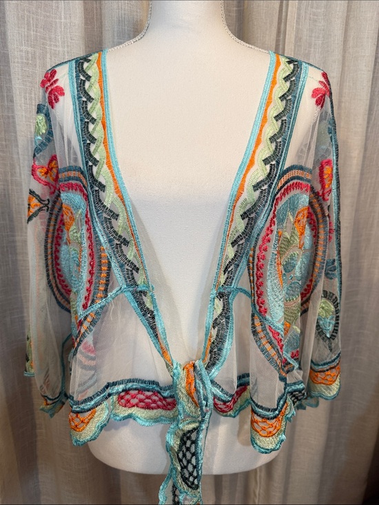 unbranded Tops - Boho Embroidered Mesh Tie Front Kimono Cardigan Cover Up One Size